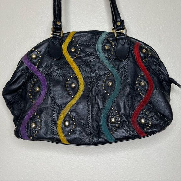 Vintage Black Patchwork Suede Studded Shoulder Handbag Faux Leather Multicolor - Picture 2 of 14